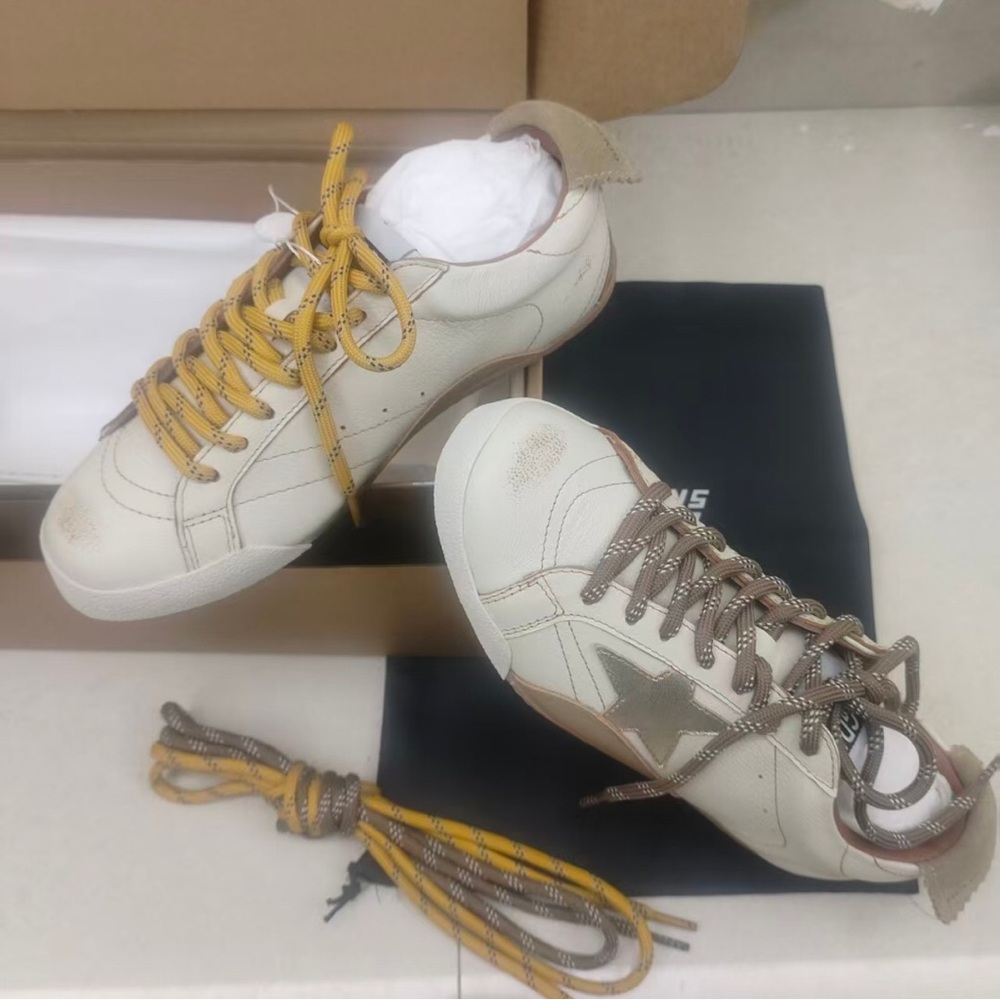 Cream Sneakers with Brown and Yellow Laces